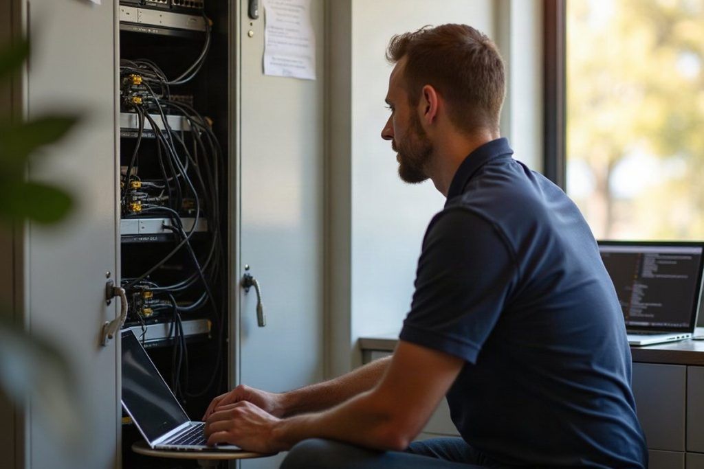 IT technician working at a network cabinet in a small business office