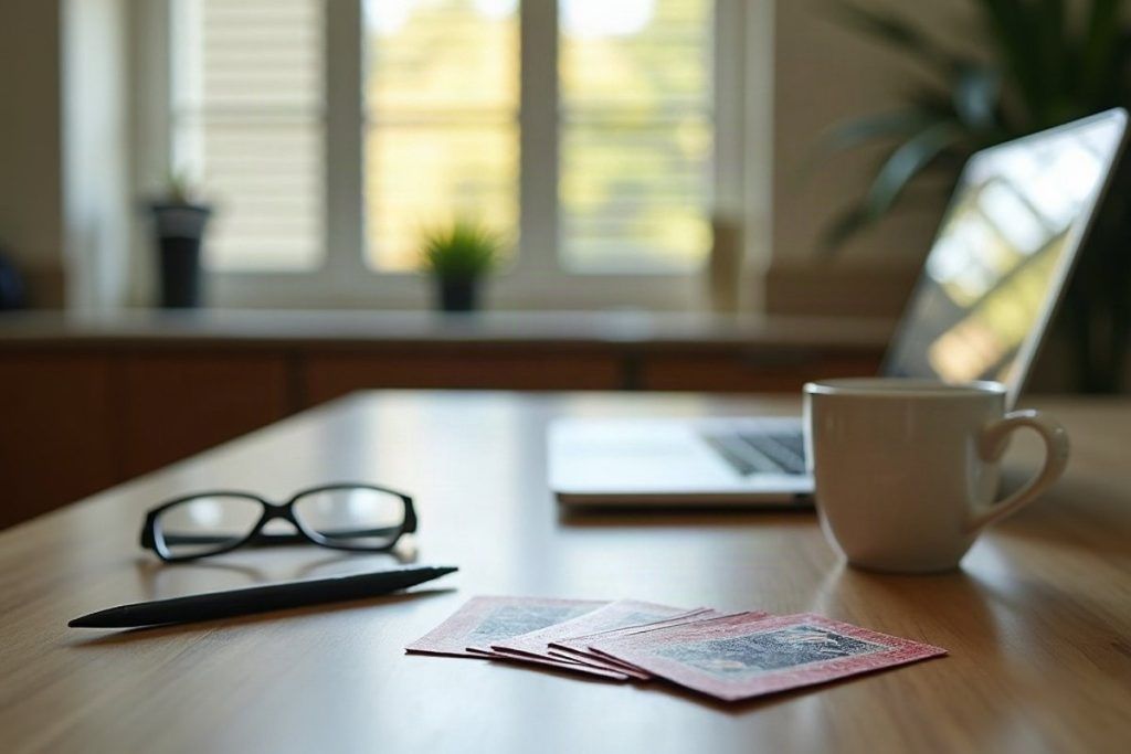 Printed conversation cards, a coffee and a laptop on a kitchen bench